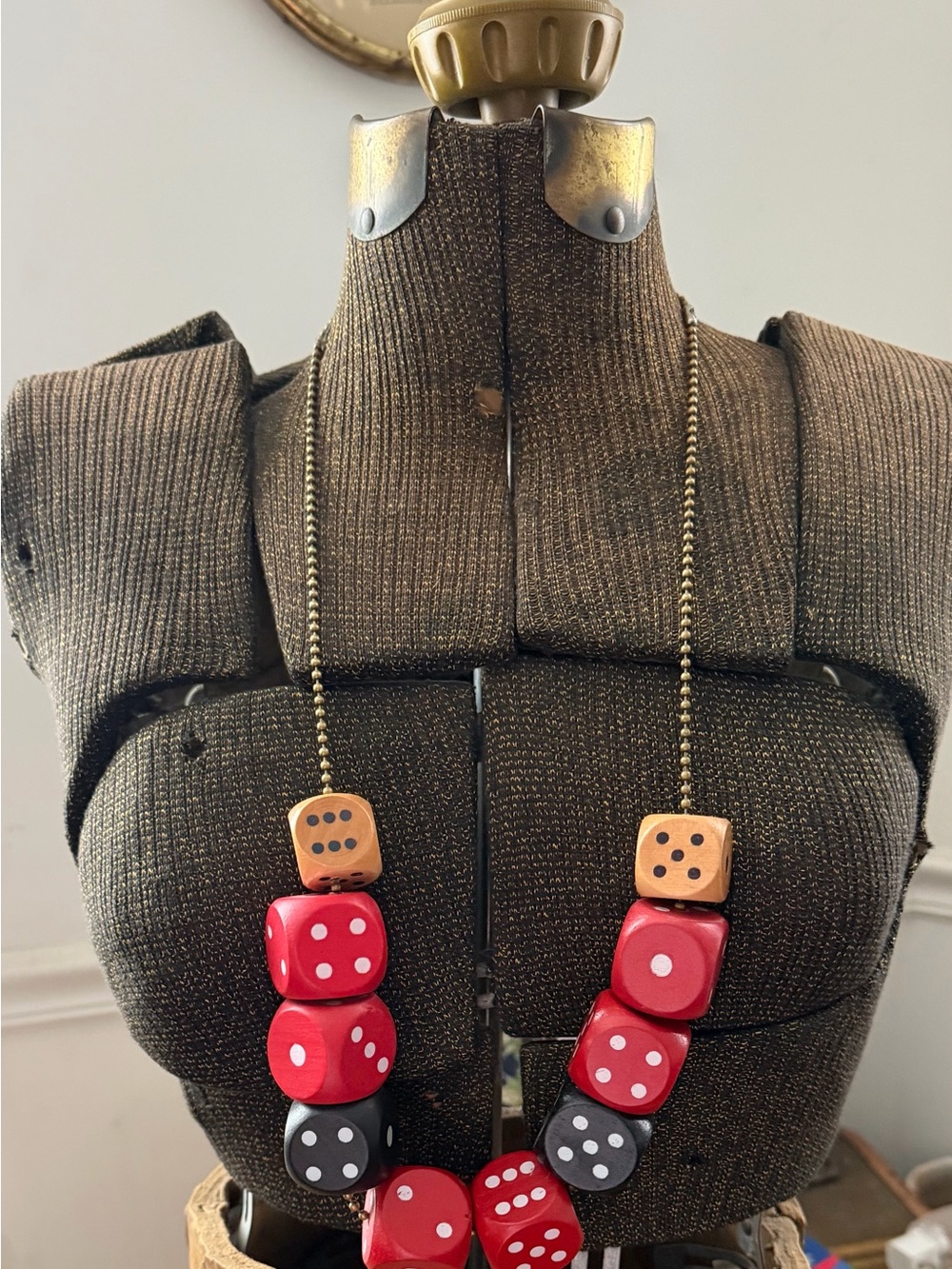 Vintage Wooden Dice Statement Necklace Red Black Oversized Casino Kitsch